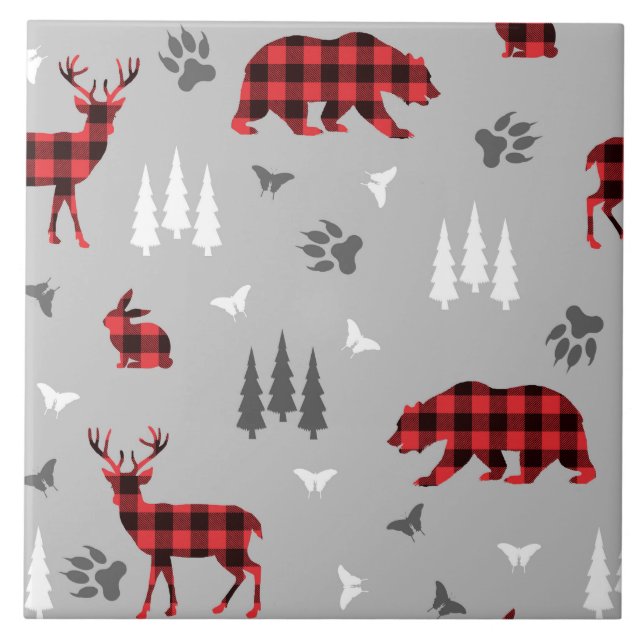 Buffalo Plaid Woodland Animals Pattern Tile (Front)