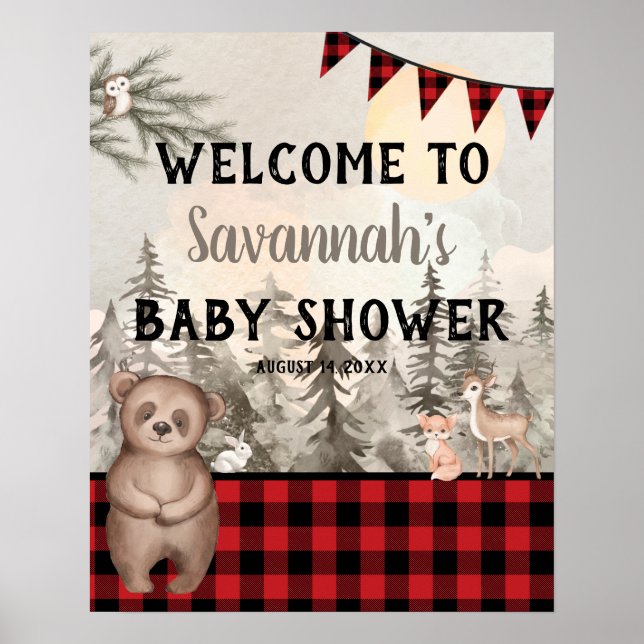 Buffalo Plaid Woodland Animals Welcome Poster (Front)
