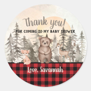 Buffalo Plaid Woodland Baby Shower Thank you Classic Round Sticker