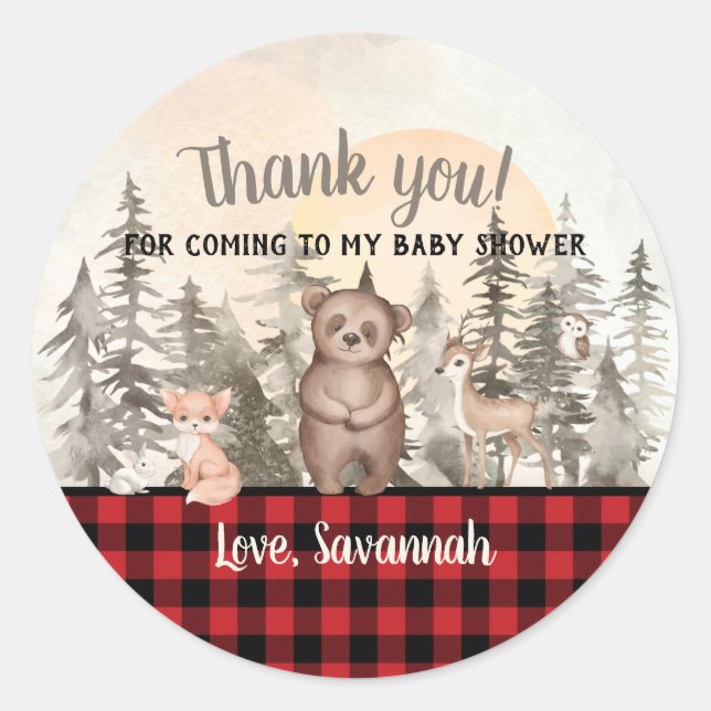 Buffalo Plaid Woodland Baby Shower Thank you Classic Round Sticker (Front)