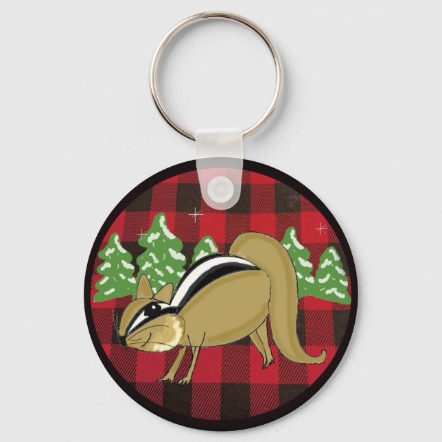 Buffalo Plaid Woodland Chipmunk Holiday Keychain (Front)