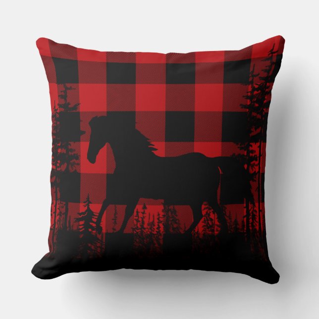 Buffalo Plaid Woodland Pine Forest Wild Horse Cushion (Front)