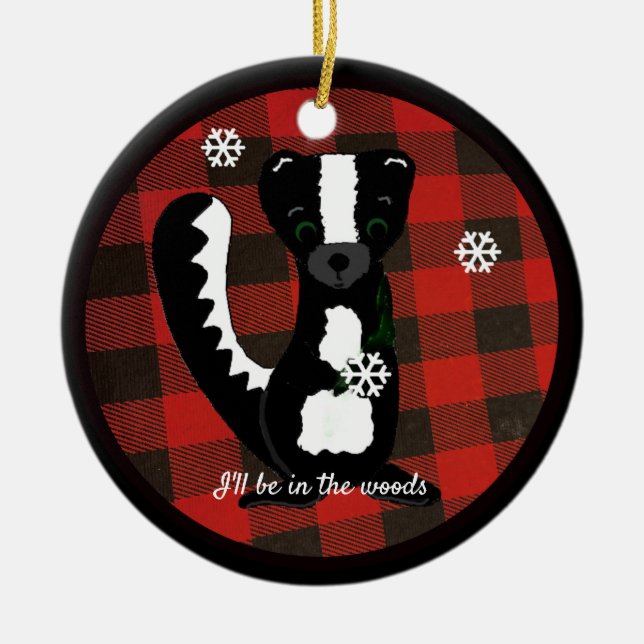Buffalo Plaid Woodland Skunk Ceramic Ornament (Front)