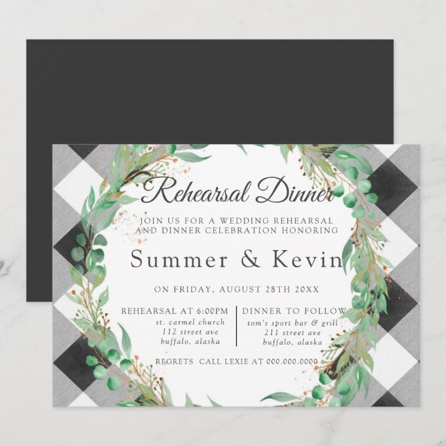Buffalo Plaid Wreath Gold Rehearsal Dinner Invitation (Front/Back)