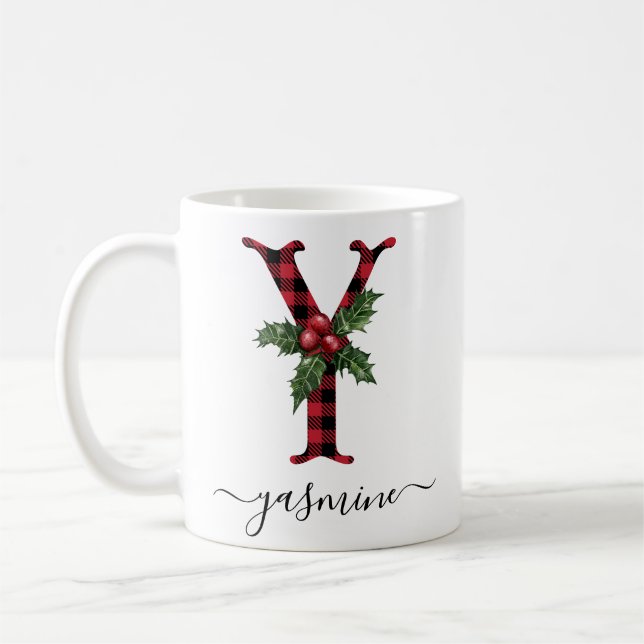 Buffalo Plaid Y Monogram Christmas Coffee Mug (Left)