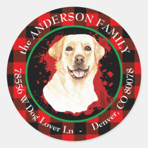 Buffalo Plaid Yellow Lab Return Address Classic Round Sticker