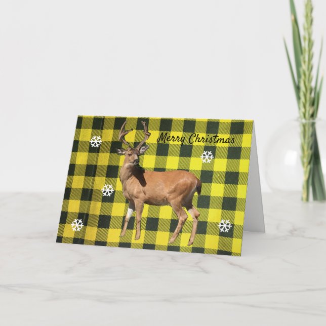  Buffalo Plaid Yellow Woodland Deer Christmas Card (Front)