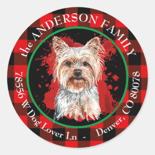 Buffalo Plaid Yorkshire Terrier Return Address Classic Round Sticker