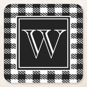 Buffalo Plaid Your Colour & Monogram Square Paper Coaster