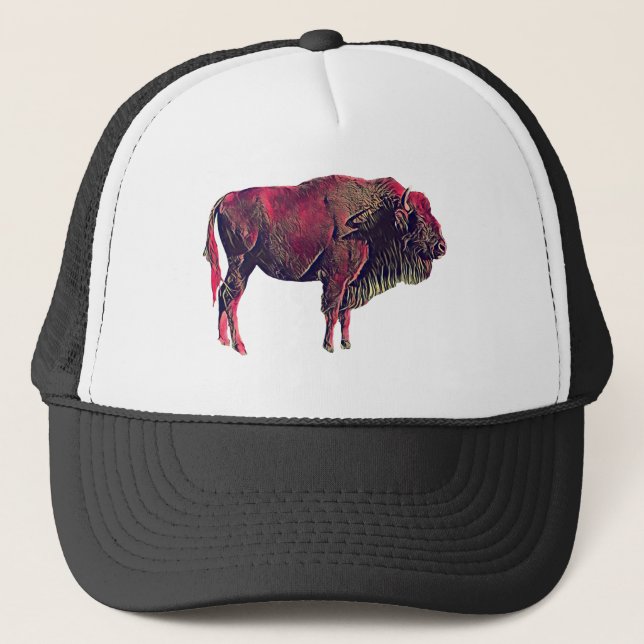 Buffalo Portrait Design For Bison or Wisent Animal Trucker Hat (Front)