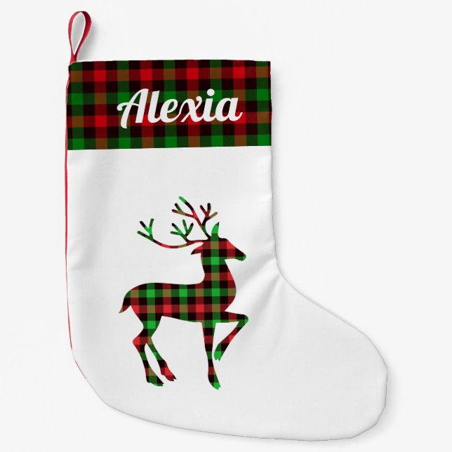 buffalo red green plaid reindeer personalised name small christmas stocking (Front)