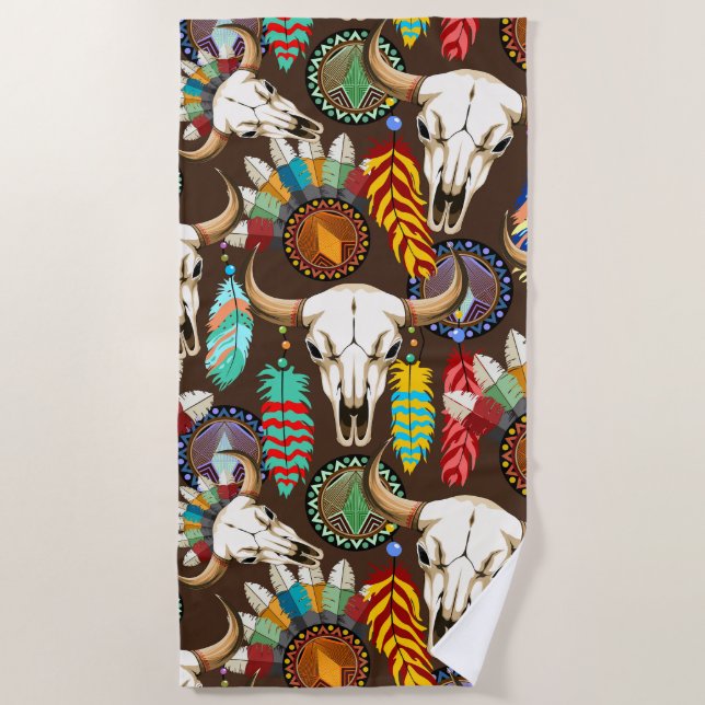Buffalo Skull Native American Emblem Beach Towel (Front)