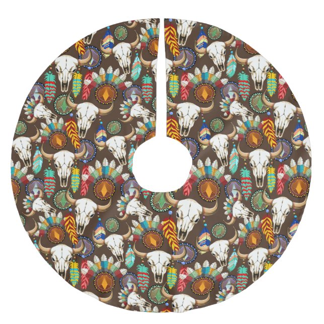 Buffalo Skull Native American Emblem Brushed Polyester Tree Skirt (Front)