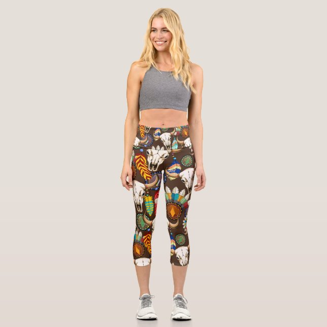 Buffalo Skull Native American Emblem Capri Leggings (Front)