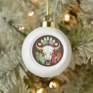 Buffalo Skull Native American Emblem Ceramic Ball Christmas Ornament