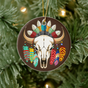 Buffalo Skull Native American Emblem Ceramic Tree Decoration