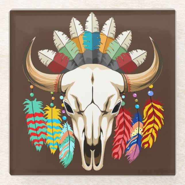 Buffalo Skull Native American Emblem Glass Coaster (Front)