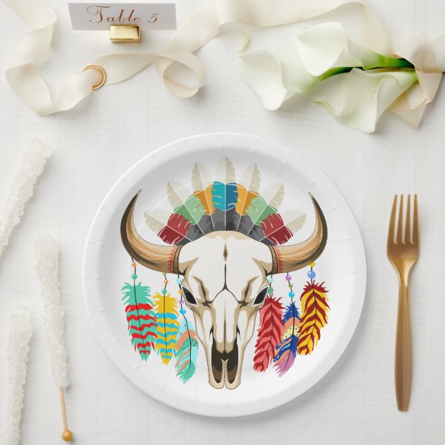 Buffalo Skull Native American Emblem Paper Plate (Wedding)