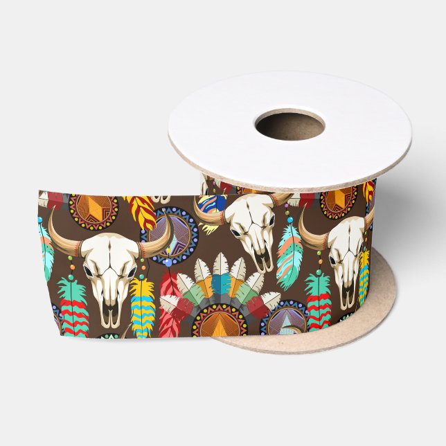 Buffalo Skull Native American Emblem Satin Ribbon (Spool)
