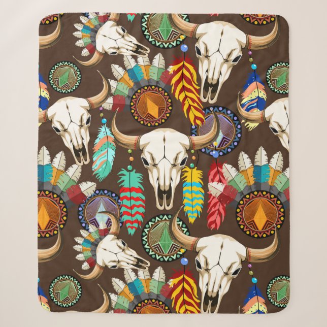 Buffalo Skull Native American Emblem Sherpa Blanket (Front)
