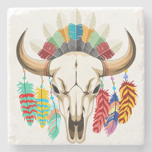 Buffalo Skull Native American Emblem Stone Coaster (Front)