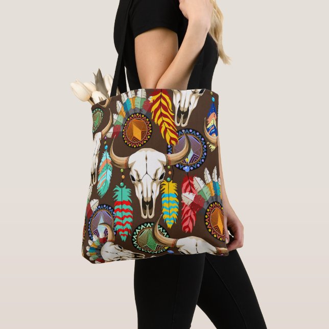 Buffalo Skull Native American Emblem Tote Bag (Close Up)