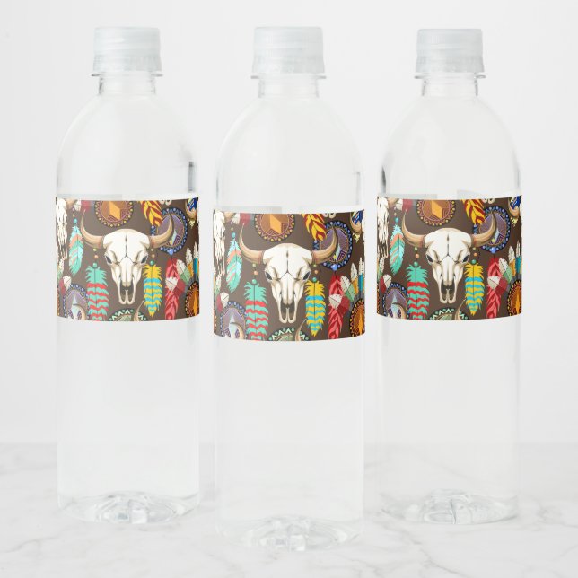 Buffalo Skull Native American Emblem Water Bottle Label (Bottles)