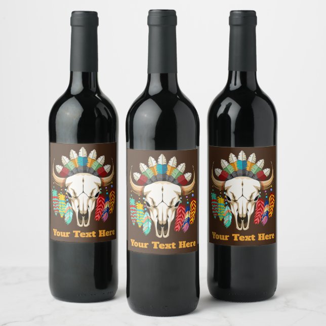 Buffalo Skull Native American Emblem Wine Label (Bottles)