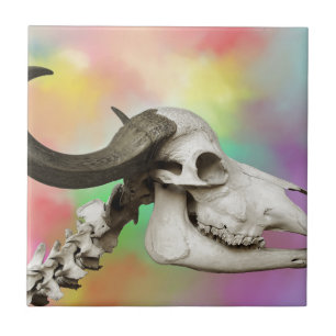 Buffalo Skull on a Watercolor Background Tile