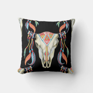 Buffalo Skull: Watercolor Black Background. Cushion