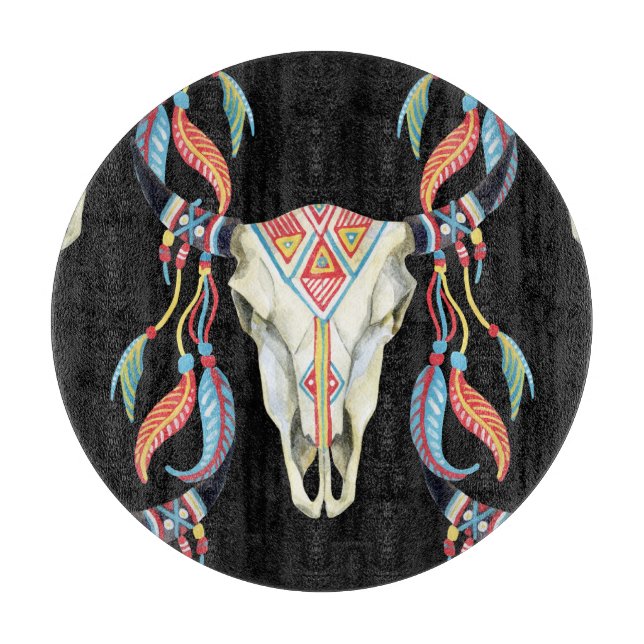 Buffalo Skull: Watercolor Black Background. Cutting Board (Front)
