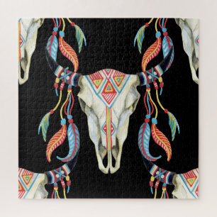 Buffalo Skull: Watercolor Black Background. Jigsaw Puzzle