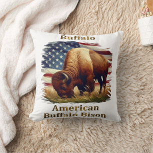 Buffalo Standing in Front of American Flag Cushion