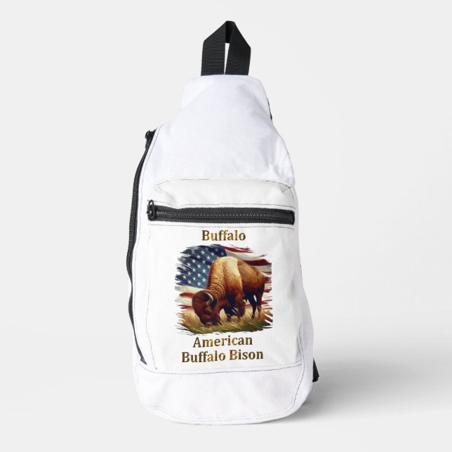 Buffalo Standing in Front of American Flag Sling Bag (Front)