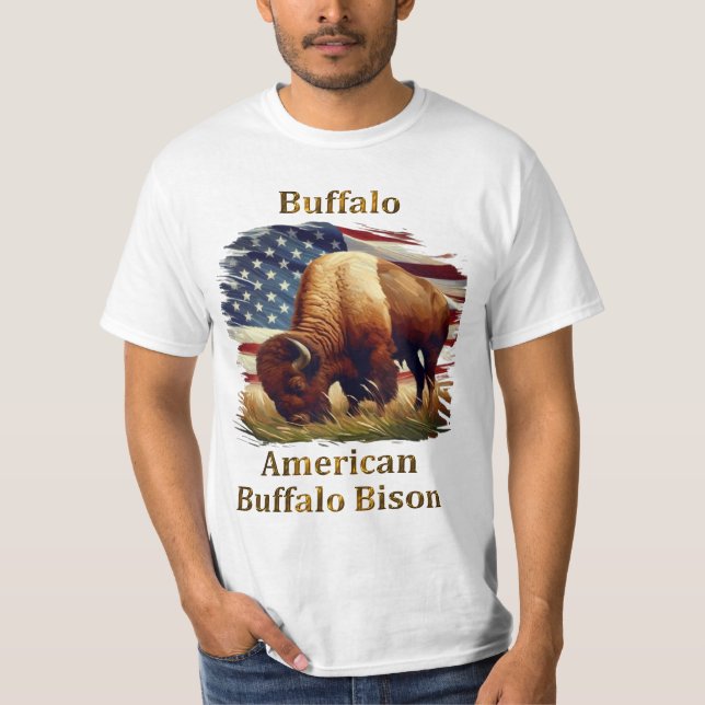 Buffalo Standing in Front of American Flag T-Shirt (Front)
