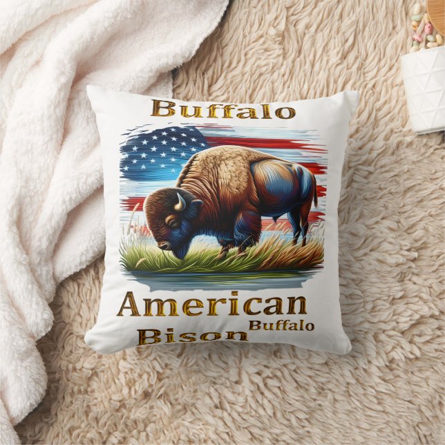 Buffalo Standing in Grass Field With American Flag Cushion (Blanket)