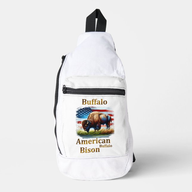 Buffalo Standing in Grass Field With American Flag Sling Bag (Front)