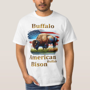 Buffalo Standing in Grass Field With American Flag T-Shirt