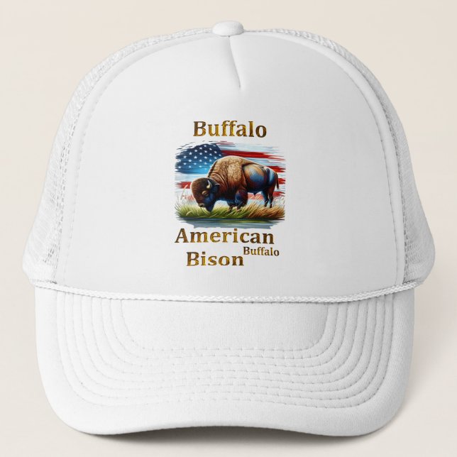Buffalo Standing in Grass Field With American Flag Trucker Hat (Front)