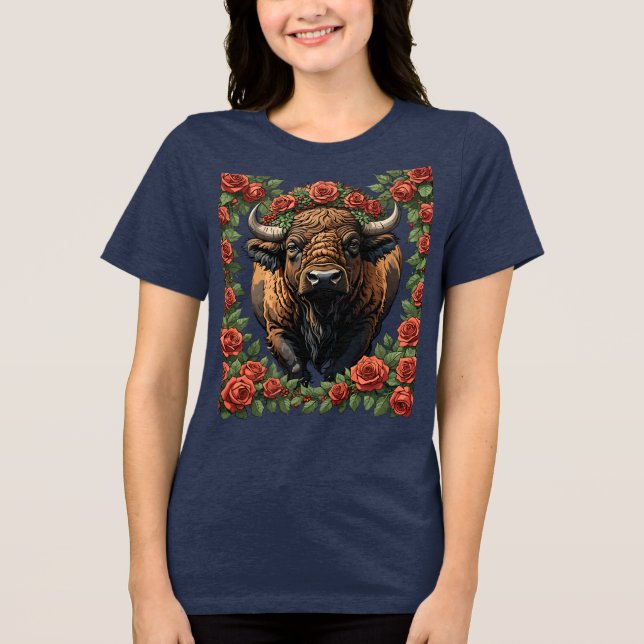 Buffalo Surrounded By Red Roses Tri-Blend Shirt (Front)