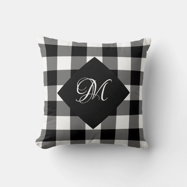 Buffalo white and black checked with monogram cushion (Front)