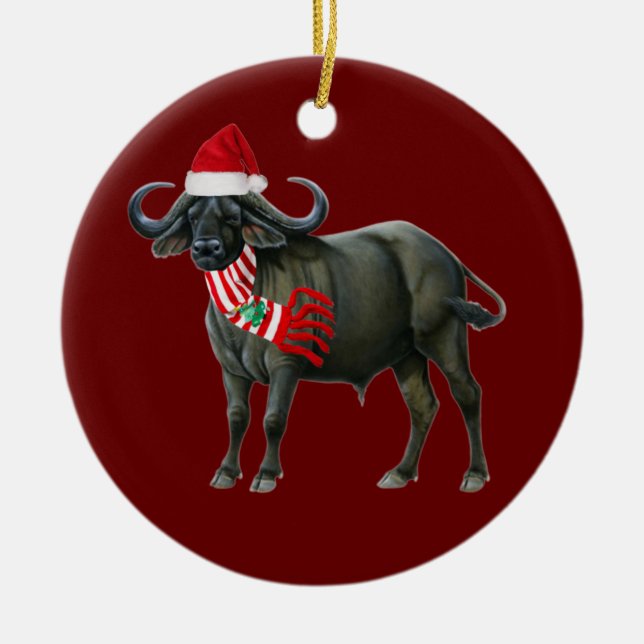 Buffalo  With Hat Scaft Christmas Ceramic Tree Decoration (Front)