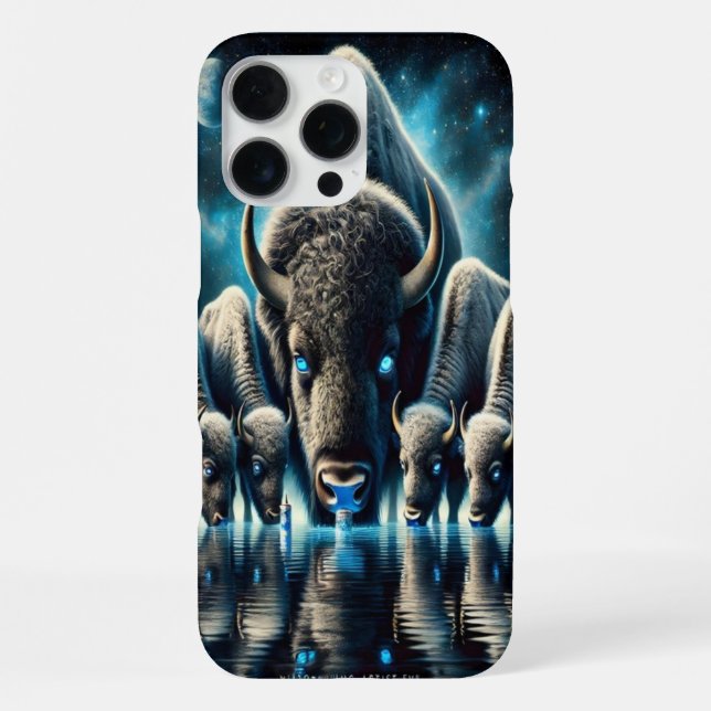 Buffaloes Bison Drinking Beneath a Cosmic Glow iPhone Case (Back)