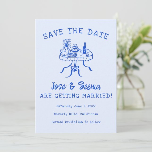 Buffet Dinner Table Hand Drawn Cute Sweet Custom  Save The Date (Standing Front)