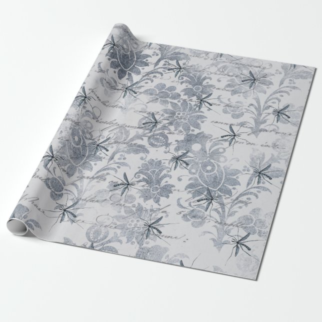 Bug and Blue Grey Floral Wrapping Paper (Unrolled)