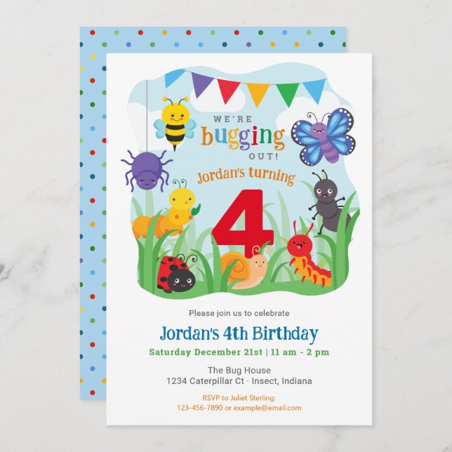 Bug Birthday Invitation, Cute Colourful Bug Party  Invitation (Front/Back)