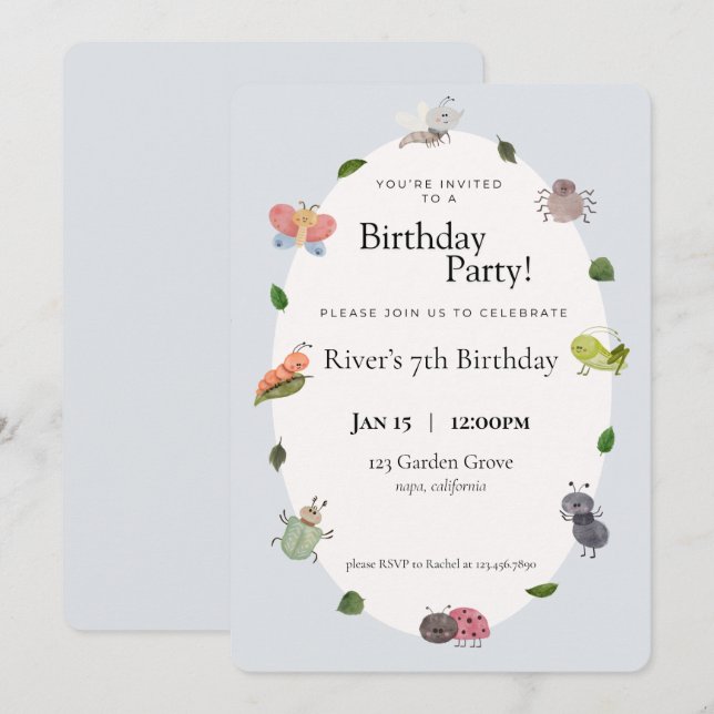Bug Birthday Party Invitations (Front/Back)
