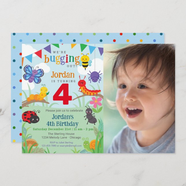 Bug Birthday Photo Cute Colourful Bug Party  Invitation (Front/Back)