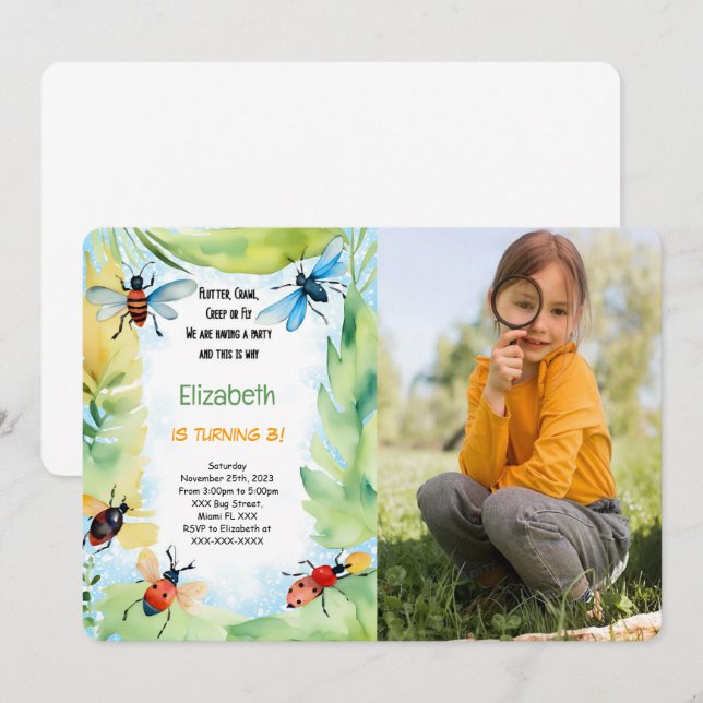 Bug Birthday Photo Invitation (Front/Back)