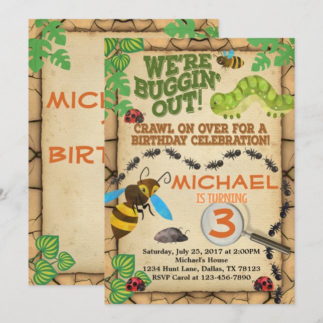 Bug Insect Birthday Party Invitation Invite Boy (Front/Back)